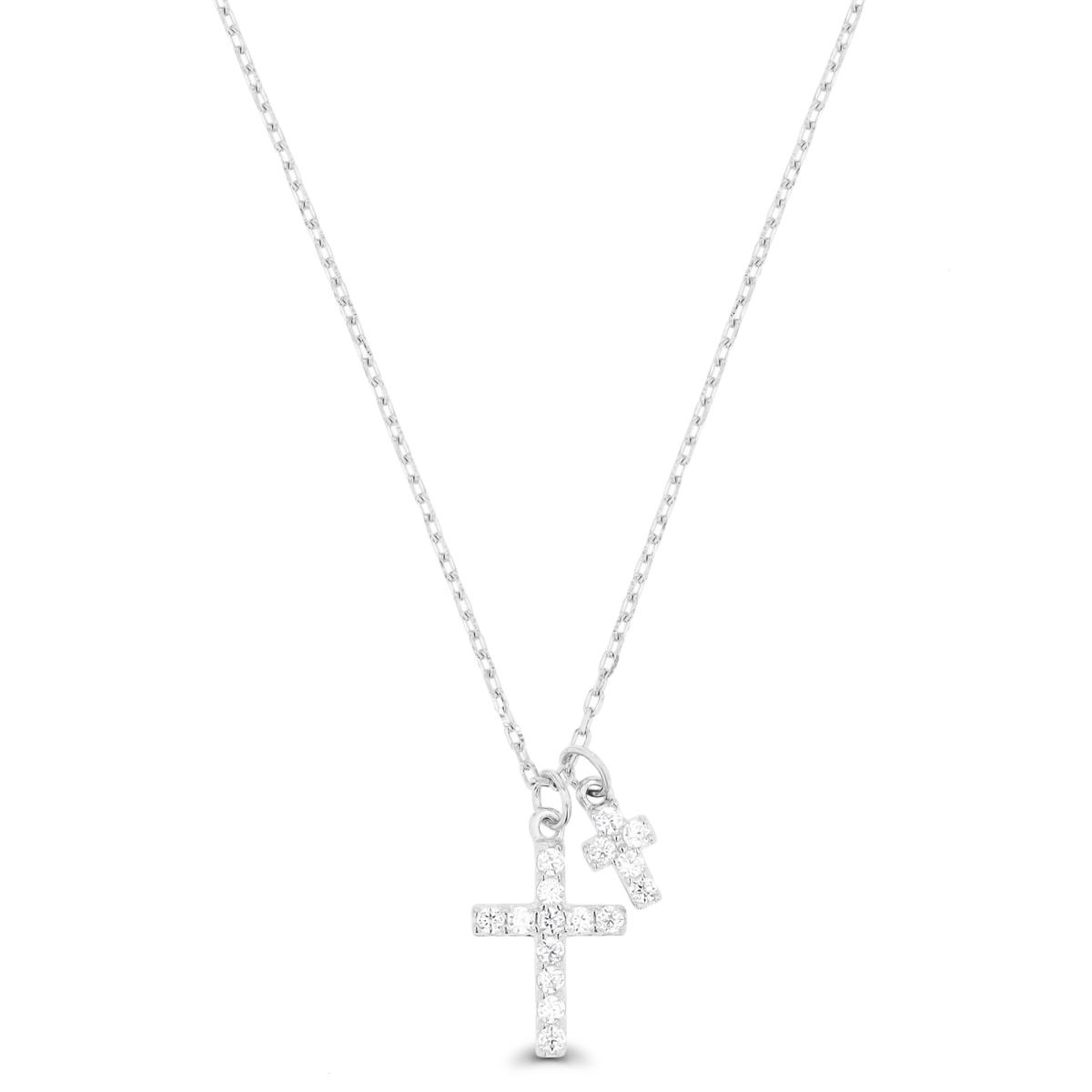 Sterling Silver Rhodium 12X8.5mm Cross White CZ 16+2" Necklace