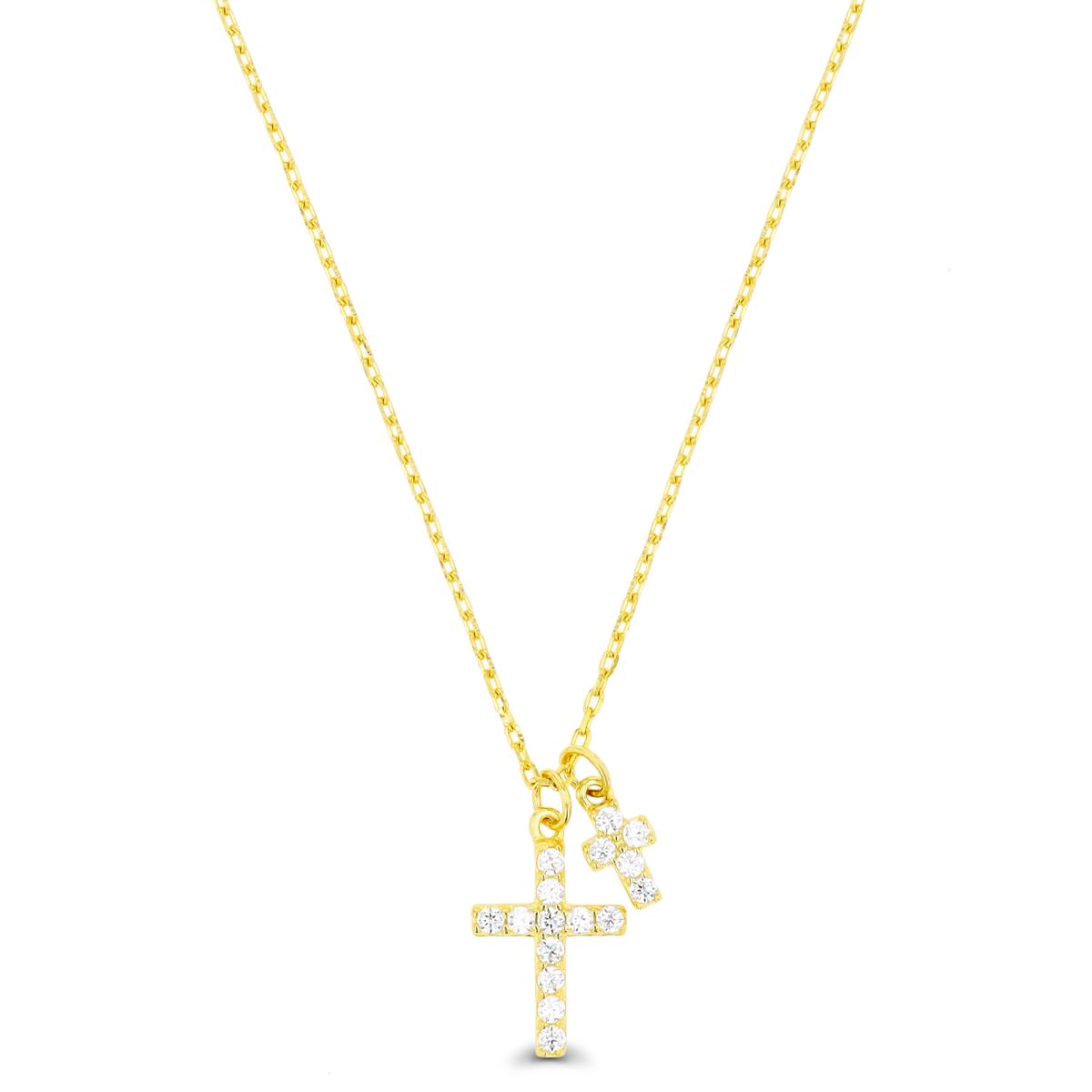 Sterling Silver Yellow  12X8.5mm Cross White CZ 16+2" Necklace