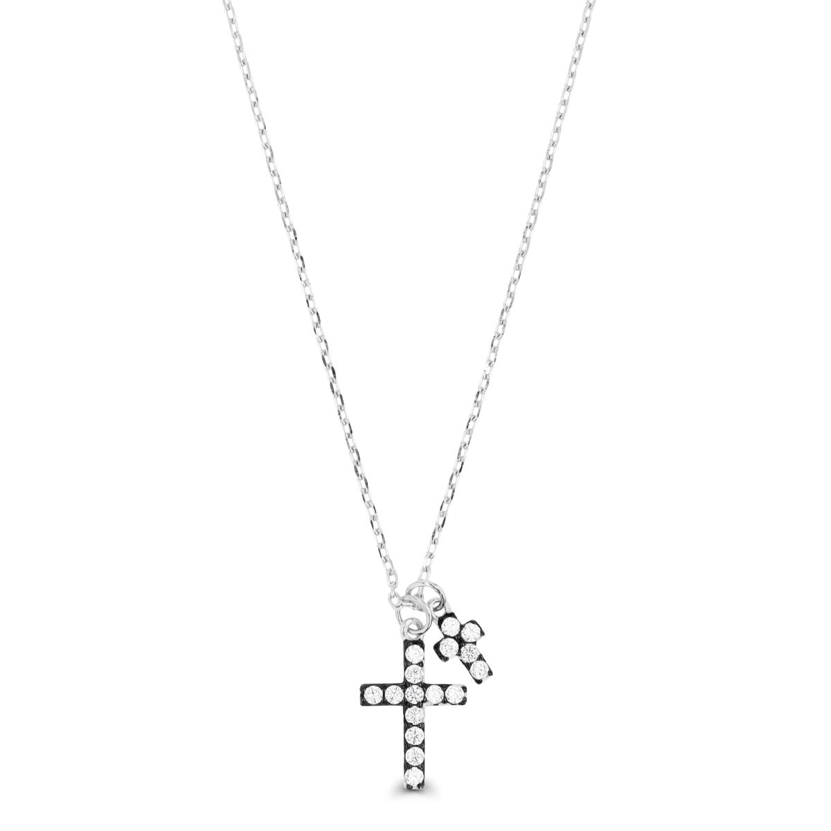 Sterling Silver Rhodium & Black Cross 12X8.5mm White Cz 16+2" Necklace