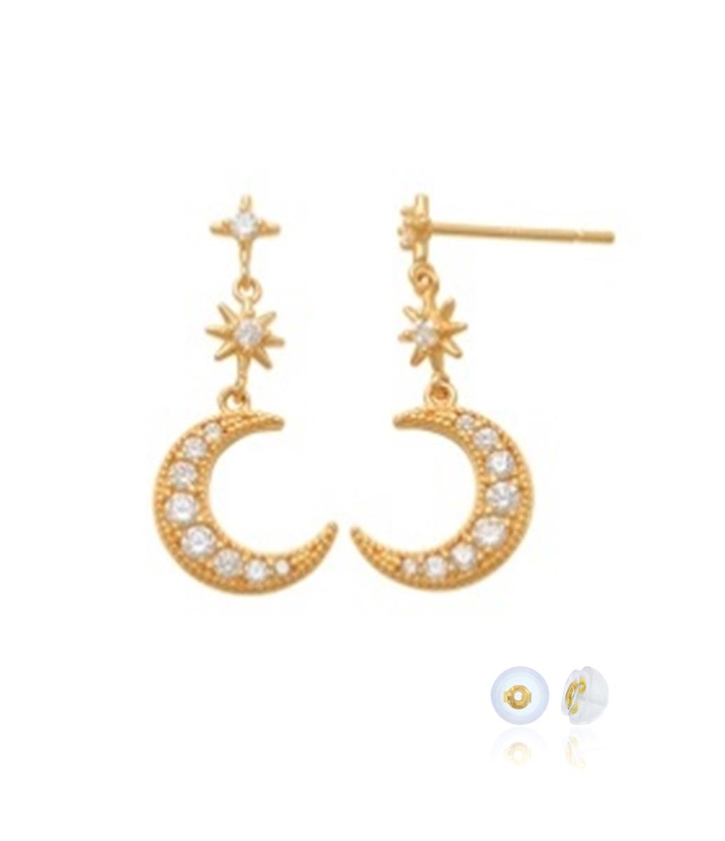 10K Yellow Gold Dangling Crescent Moon Earring with Silicone Back