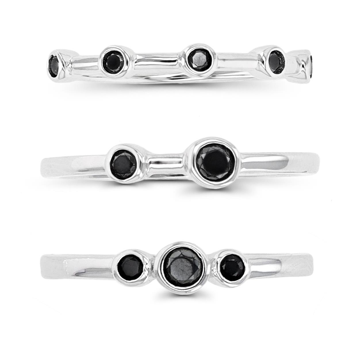 Sterling Silver Rhodium Rd Black Spinel Anniversary, Triple Bezel & Double Ring Set