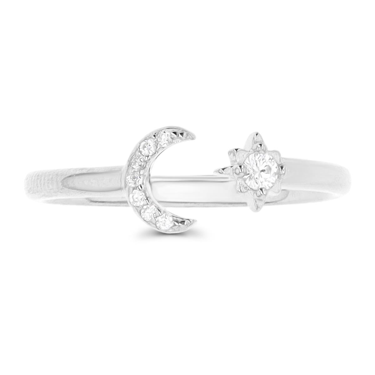 Sterling Silver Rhodium Star & Moon White CZ Fashion Ring