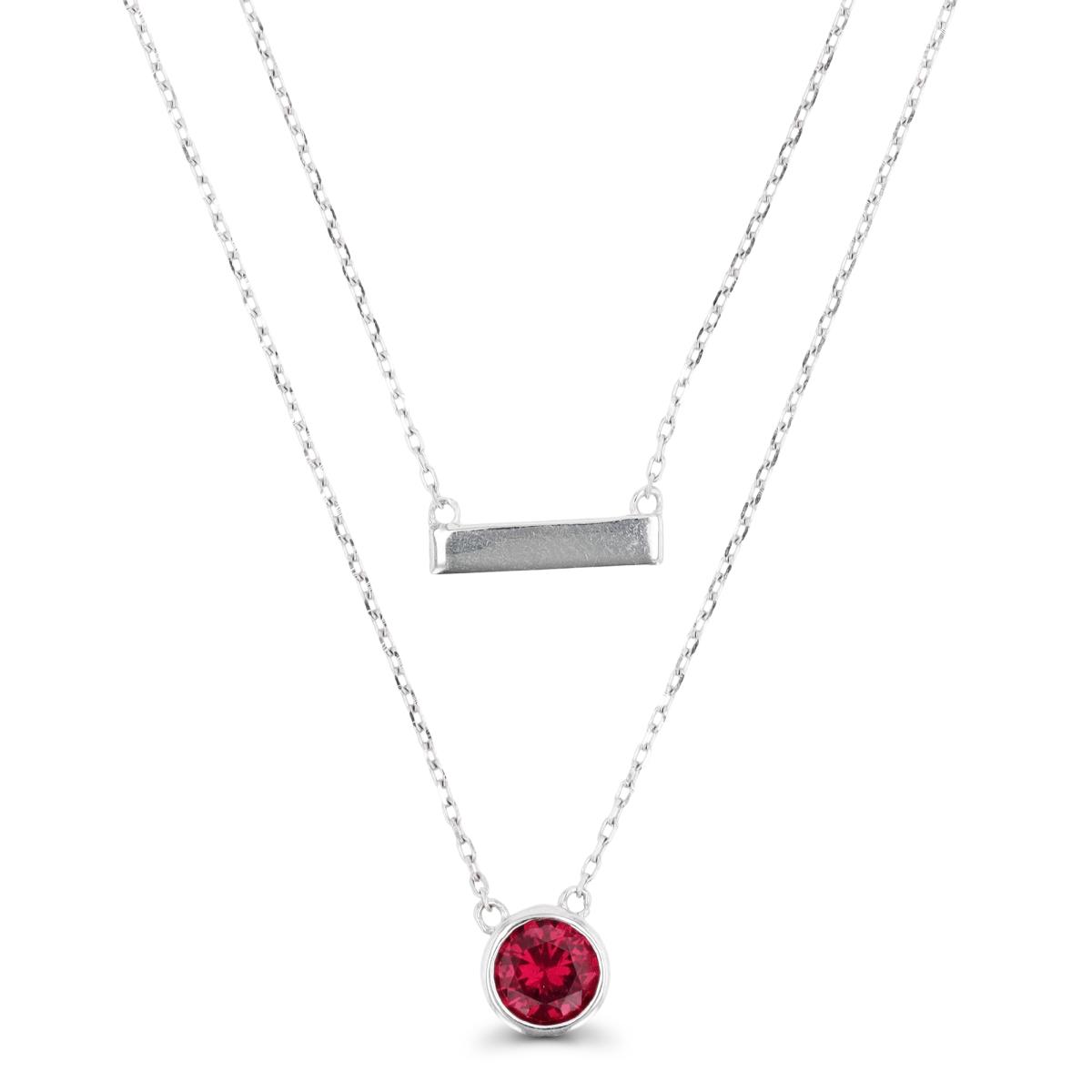 Sterling Silver Rhodium Double Chain Bezel Ruby 7.2;  13.2X2.8 16+2" Necklace