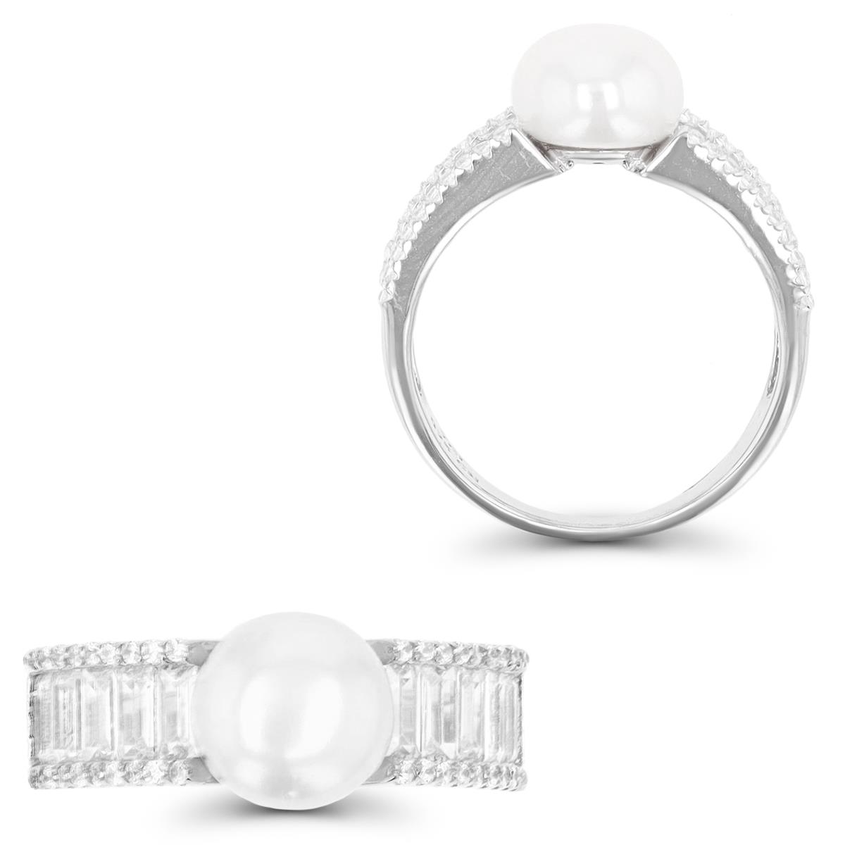 Sterling Silver Rhodium 8mm Pearl & White CZ  Fashion  Ring