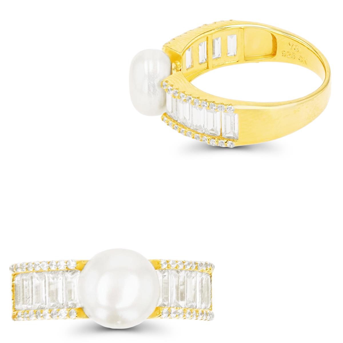 Sterling Silver Yellow 1 Micron 8mm Pearl & White CZ  Fashion  Ring