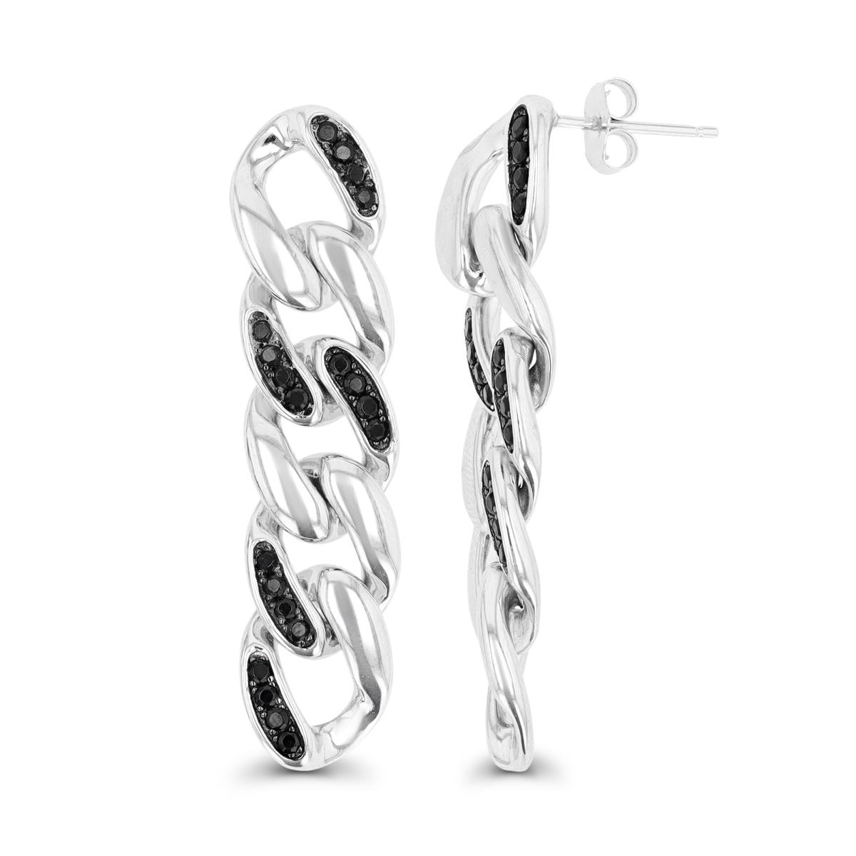 Sterling Silver Rhodium & Black  Polished Chain Black Spinel Dangling Earring