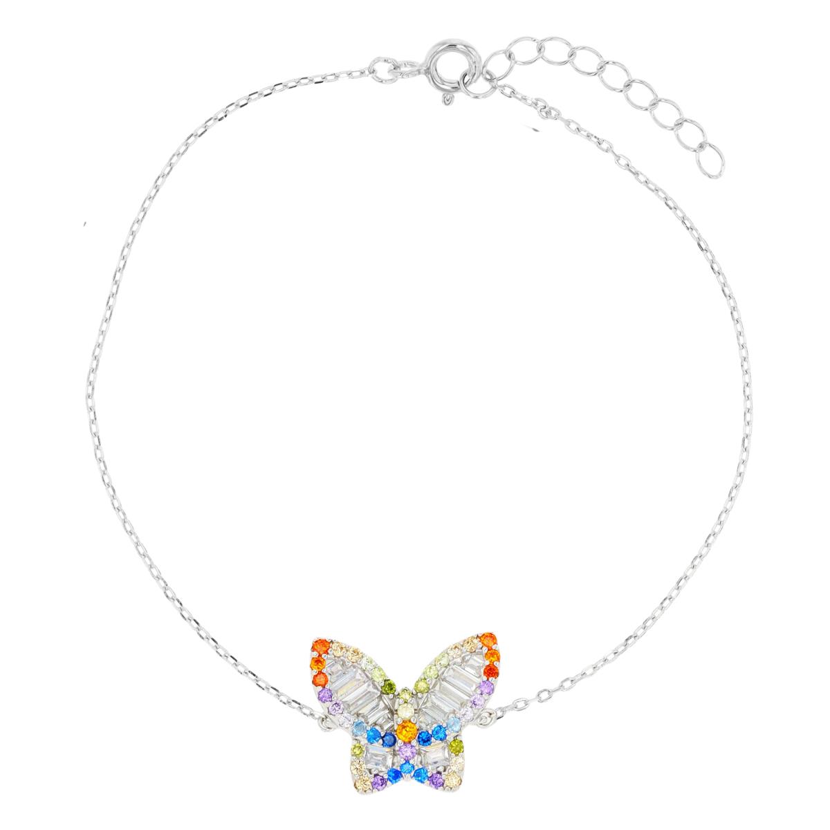 Sterling Silver Rhodium Multi Color 17x13mm Butterfly  7+1" Necklace