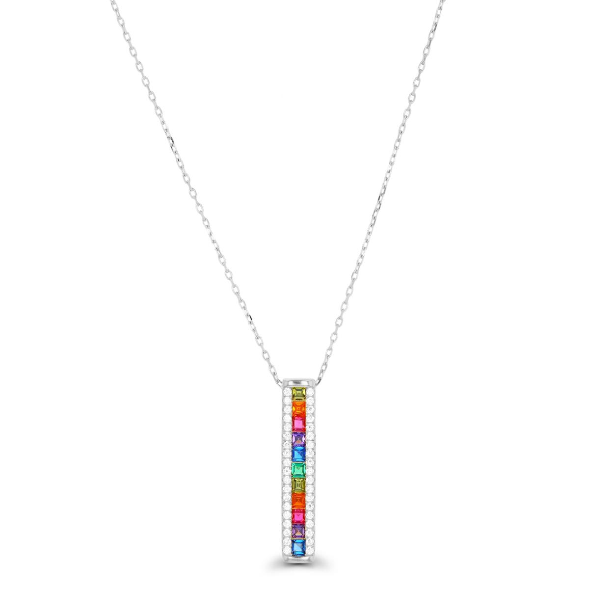 Sterling Silver Rhodium Dangling  Straight Baguette Multi Color CZ 16+2" Necklace