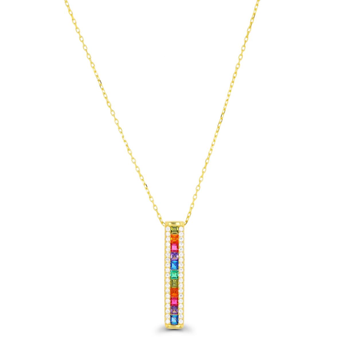 Sterling Silver Yellow 1 Micron Dangling  Straight Baguette Multi Color CZ 16+2" Necklace