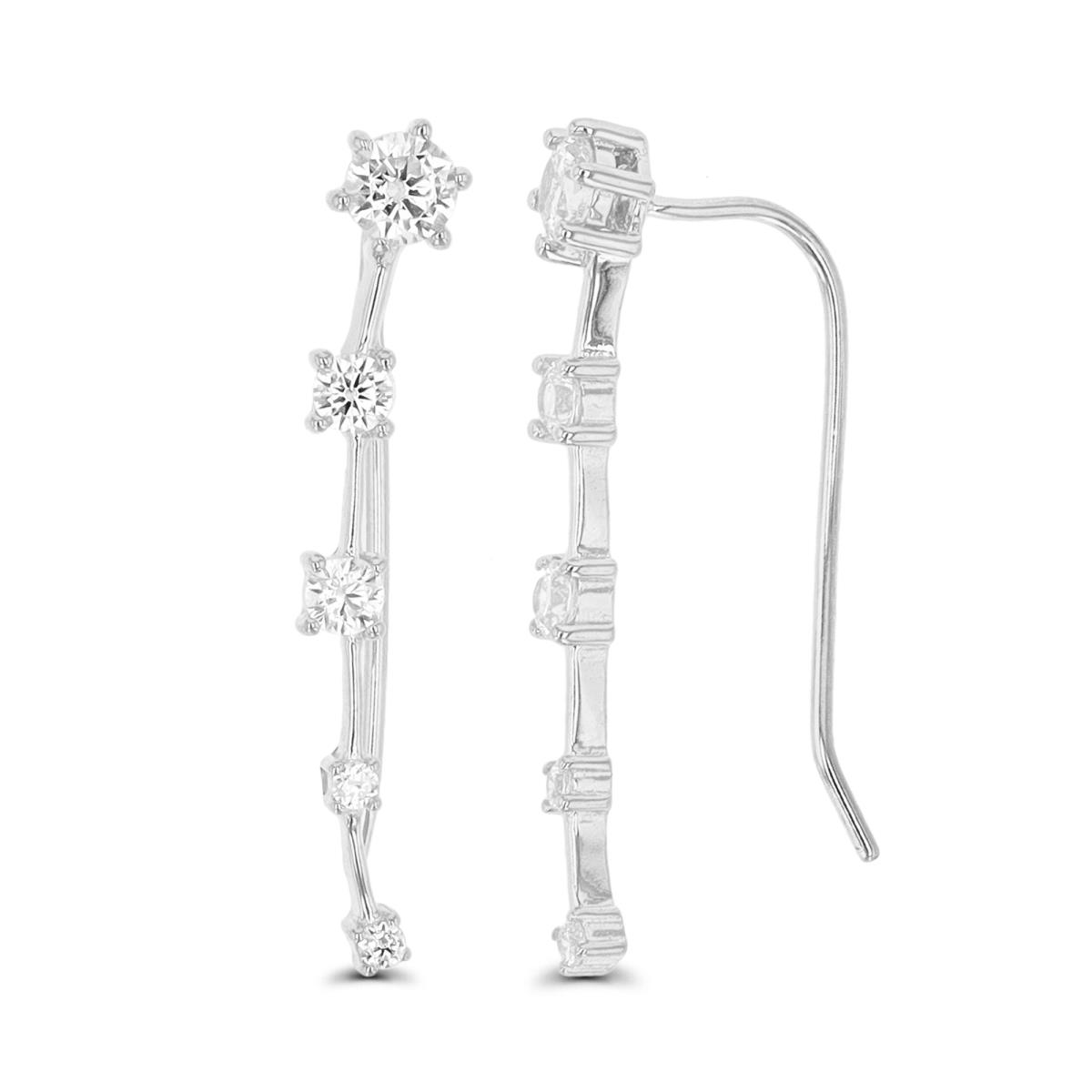 Sterling Silver Rhodium 26X6mm White CZ Station Curved Fish Hook Earring