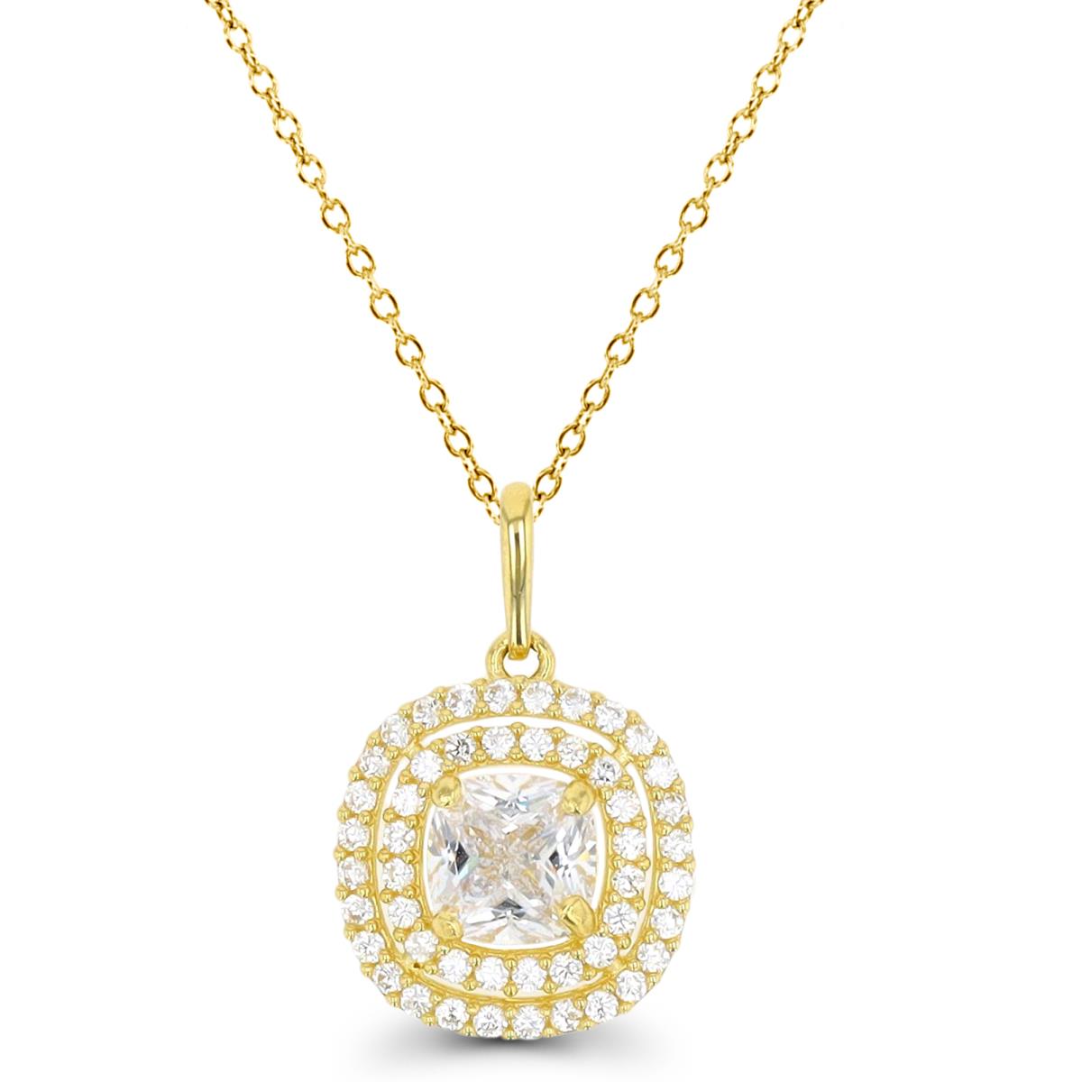 14K Yellow Gold 5mm Cushion CZ Double Halo 18" Necklace