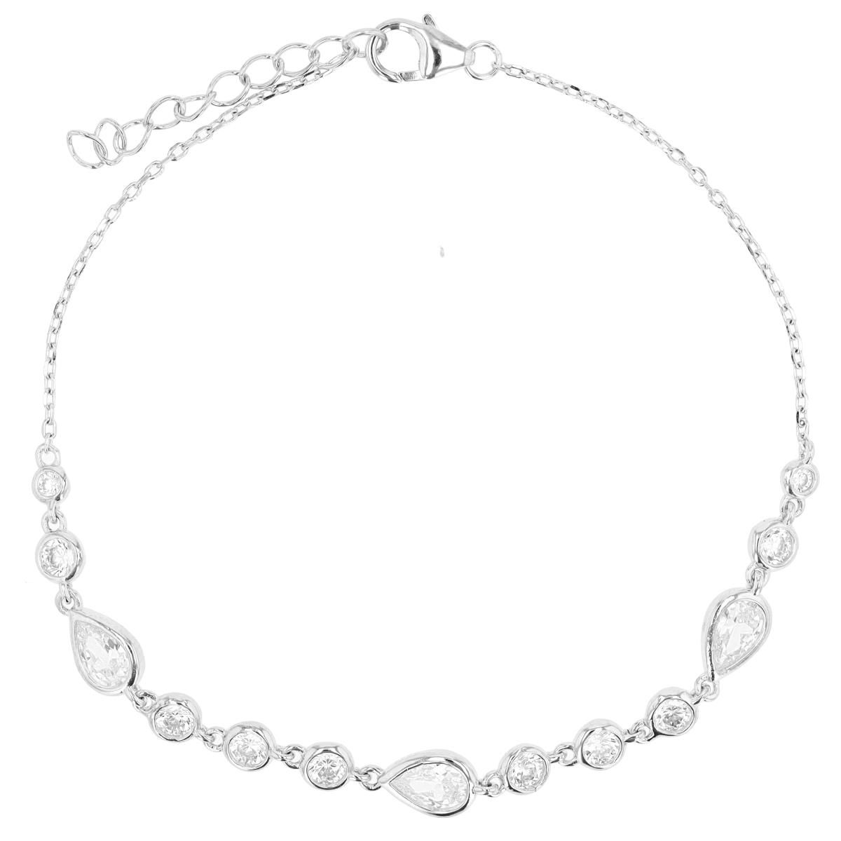 Sterling Silver Rhodium Bezel Pear & Rd White CZ Fancy Bracelet