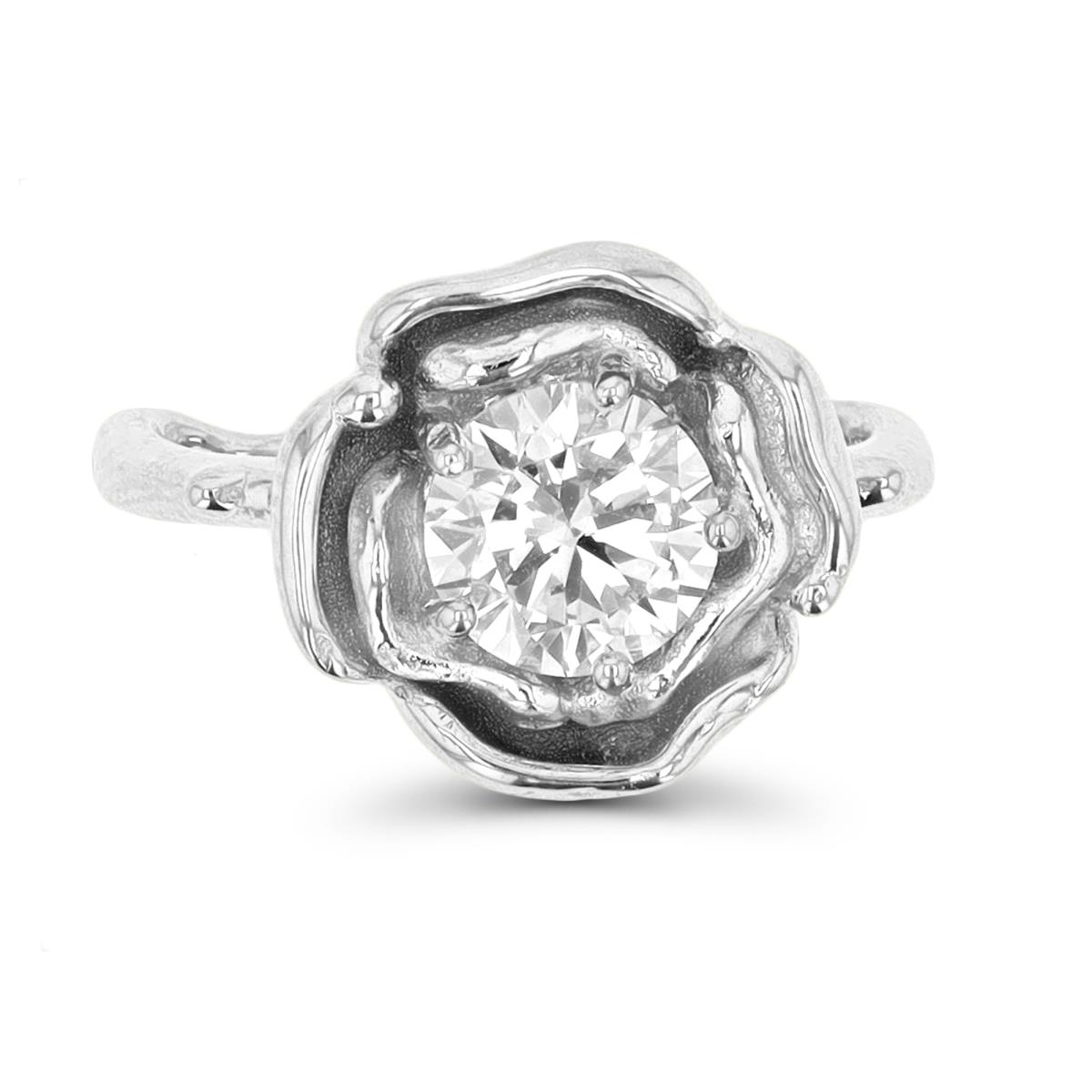 Sterling Silver Rhodium 7mm White CZ Flower Polished  Solitaire Ring