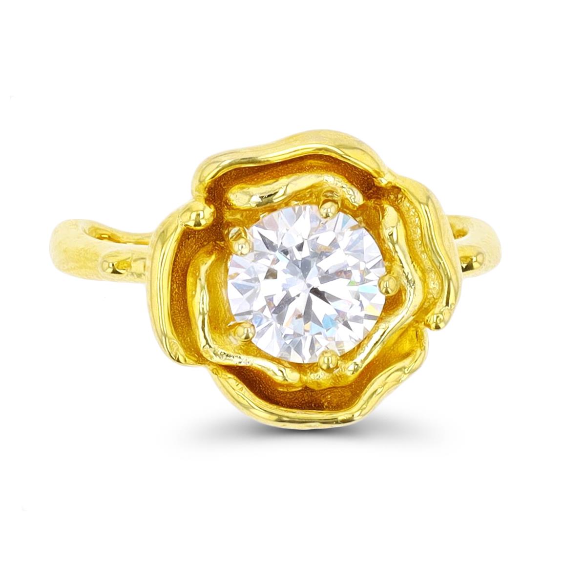 Sterling Silver Yellow 1 Micron 7mm White CZ Flower Polished  Solitaire Ring