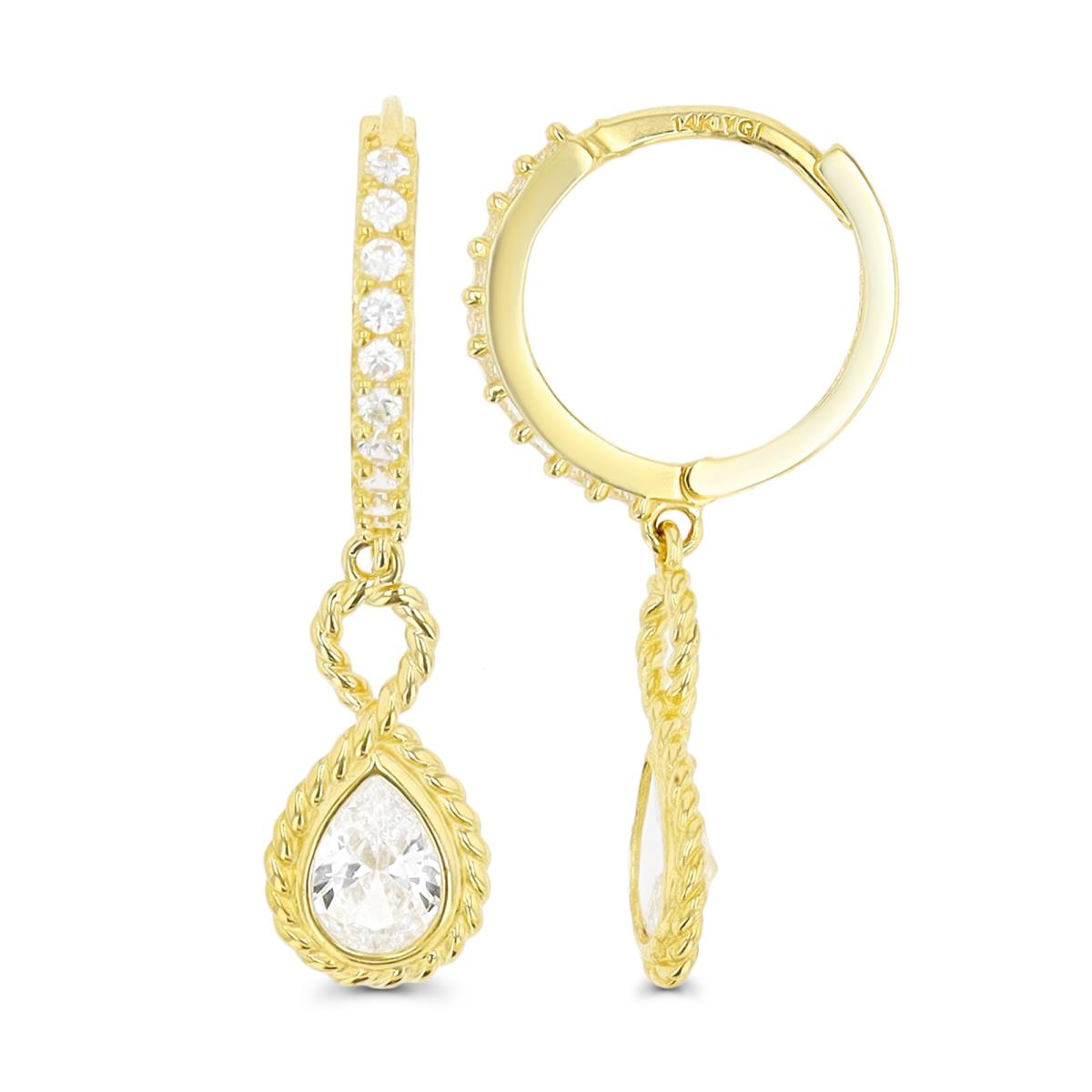 14K Yellow Gold 25X6mm Rope Bezel Pear White CZ Dangling Earring