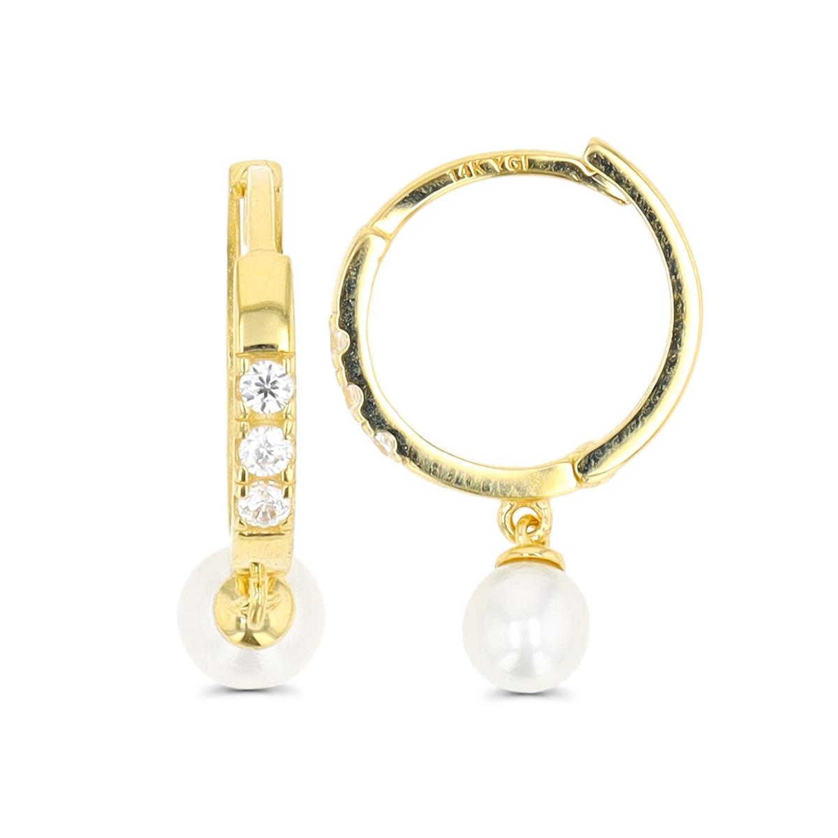 10K Yellow  Gold 18X2mm Dangling 4mm Rd Pearl & Trio White CZ  Huggie Earring