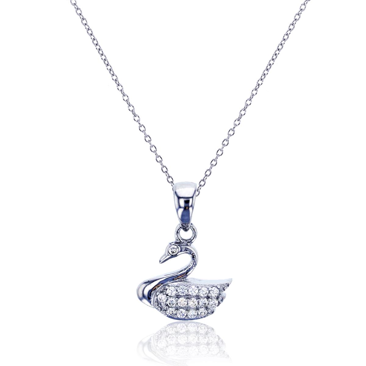 Sterling Silver Rhodium Round 8mm CZ Swan Dangling 13"+2" Necklace