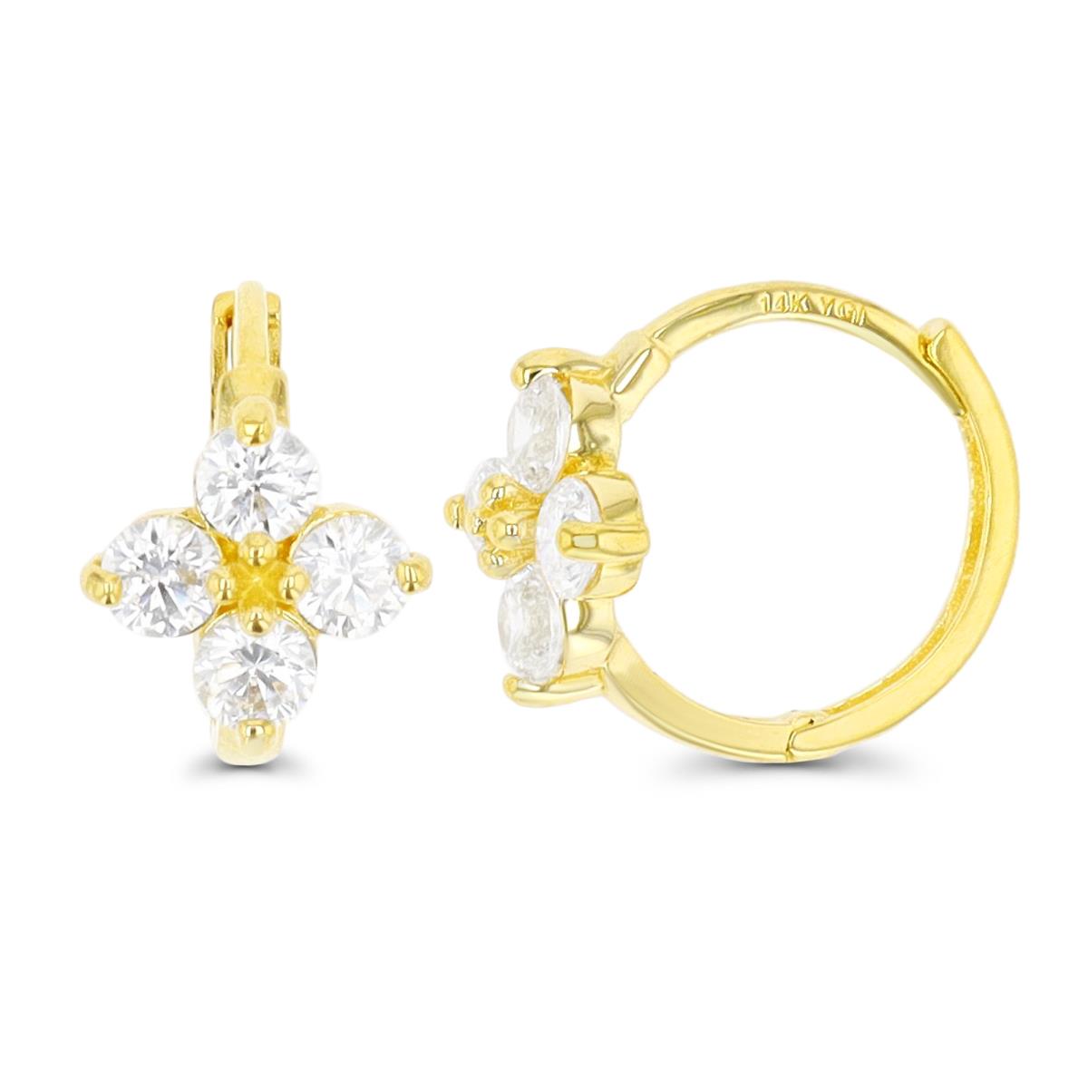 10K Yellow Gold 12X8mm Flower White CZ Polished Huggie Earring