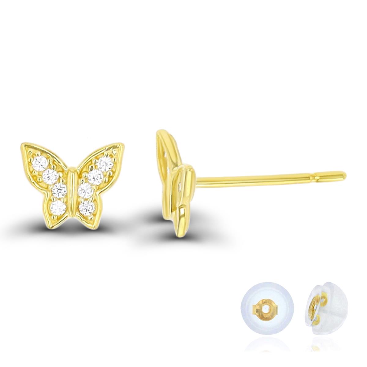 10K Yellow Gold Bezel Pave White CZ Butterfly  6X5mm Stud Earring