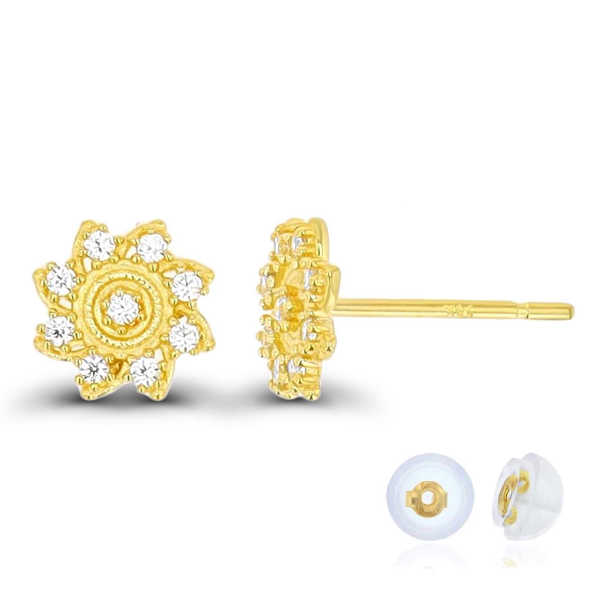 14K Yellow Gold Textured Flower White CZ Stud Earring