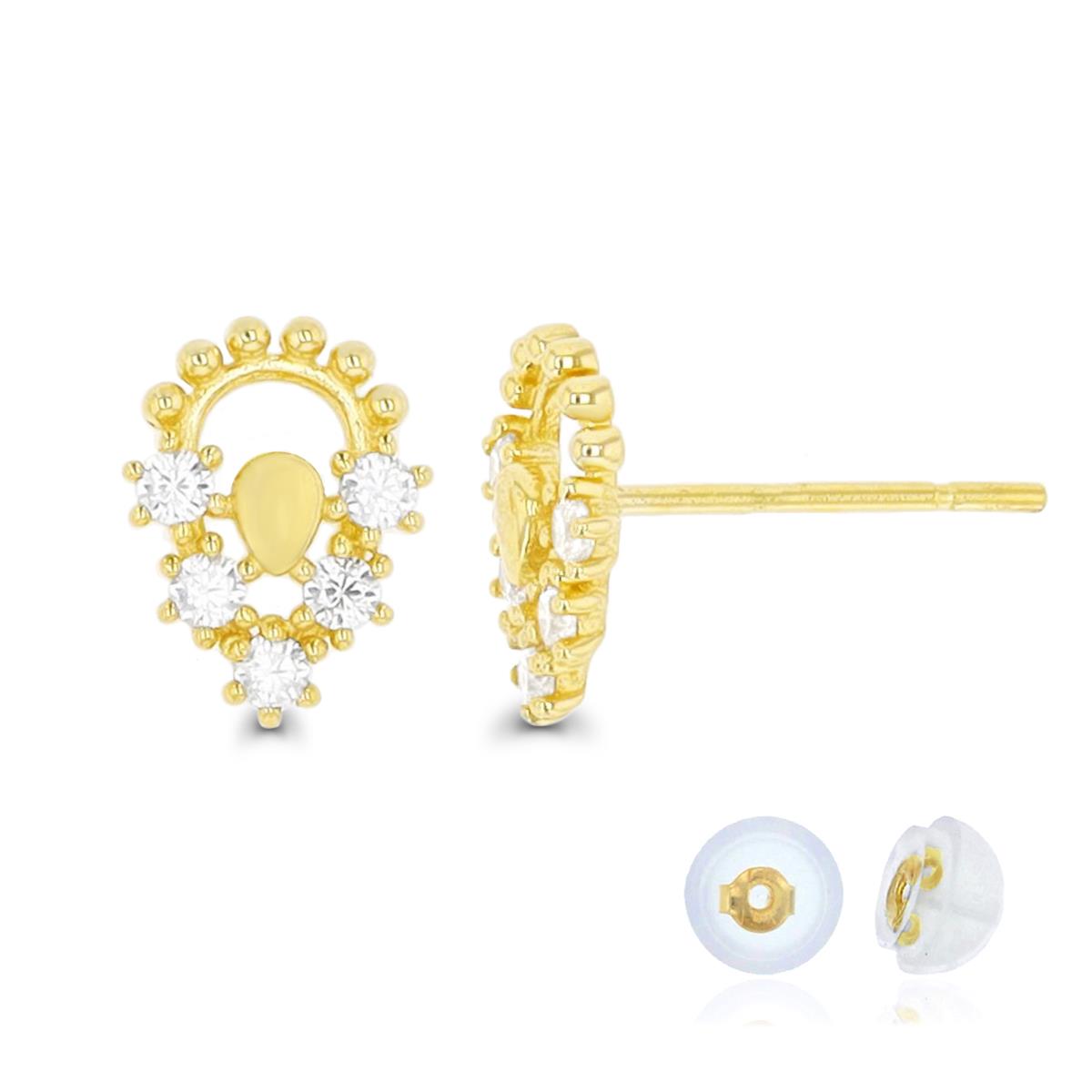 10K Yellow Gold Diamond Cut White CZ 8X6mm Stud Earring Silicone Back