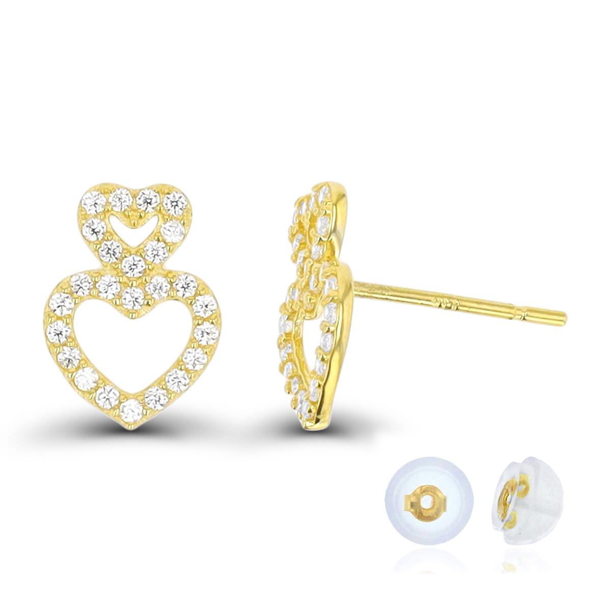 10K Yellow Gold Duo Hearts 9X7mm White CZ Stud Earring