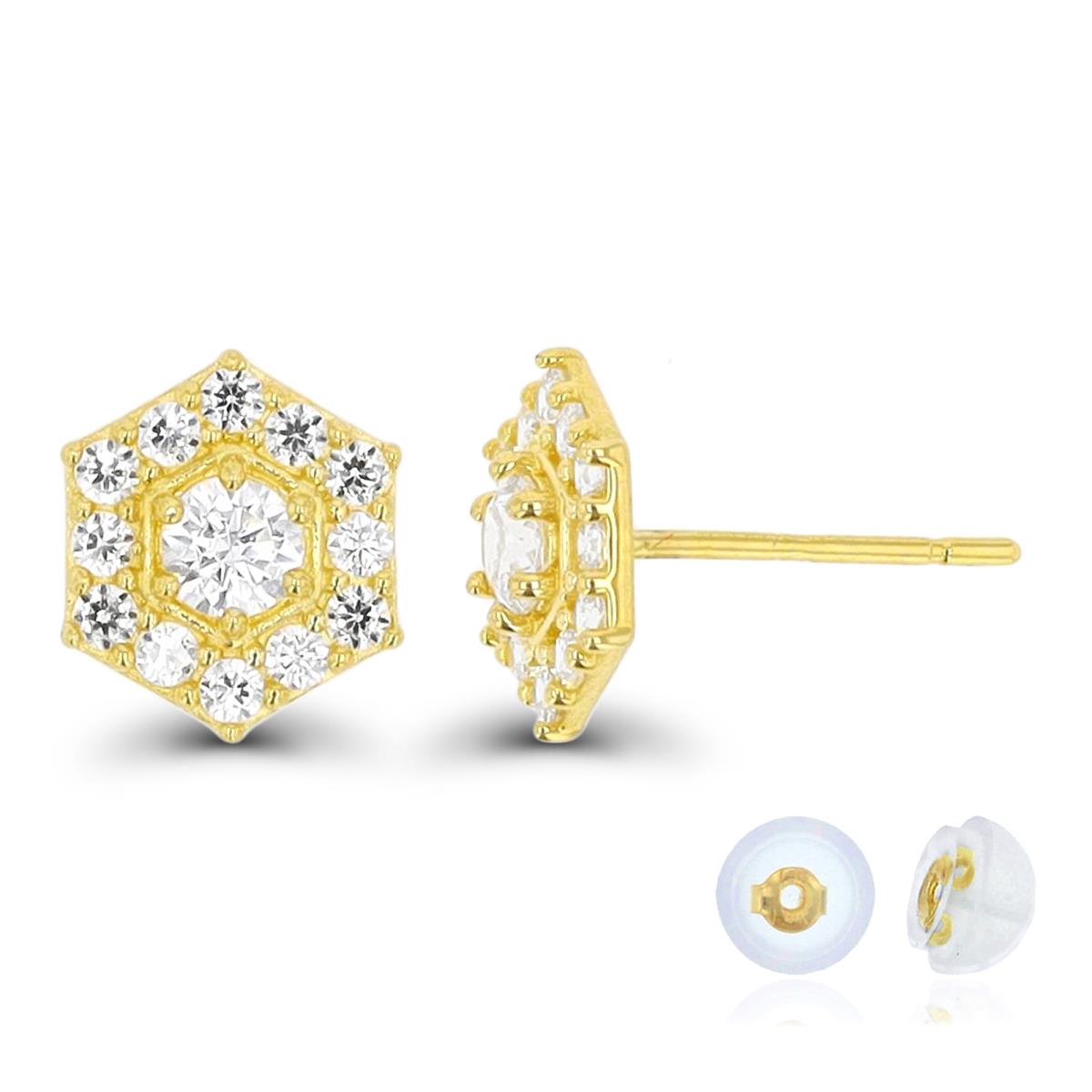 14K Yellow Gold  White CZ Halo 8X7mm Stud Earring Silicone Back