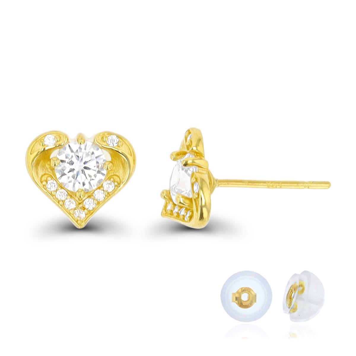 14K Yellow Gold Rd 4mm White CZ Heart Stud Earring Silicone Back