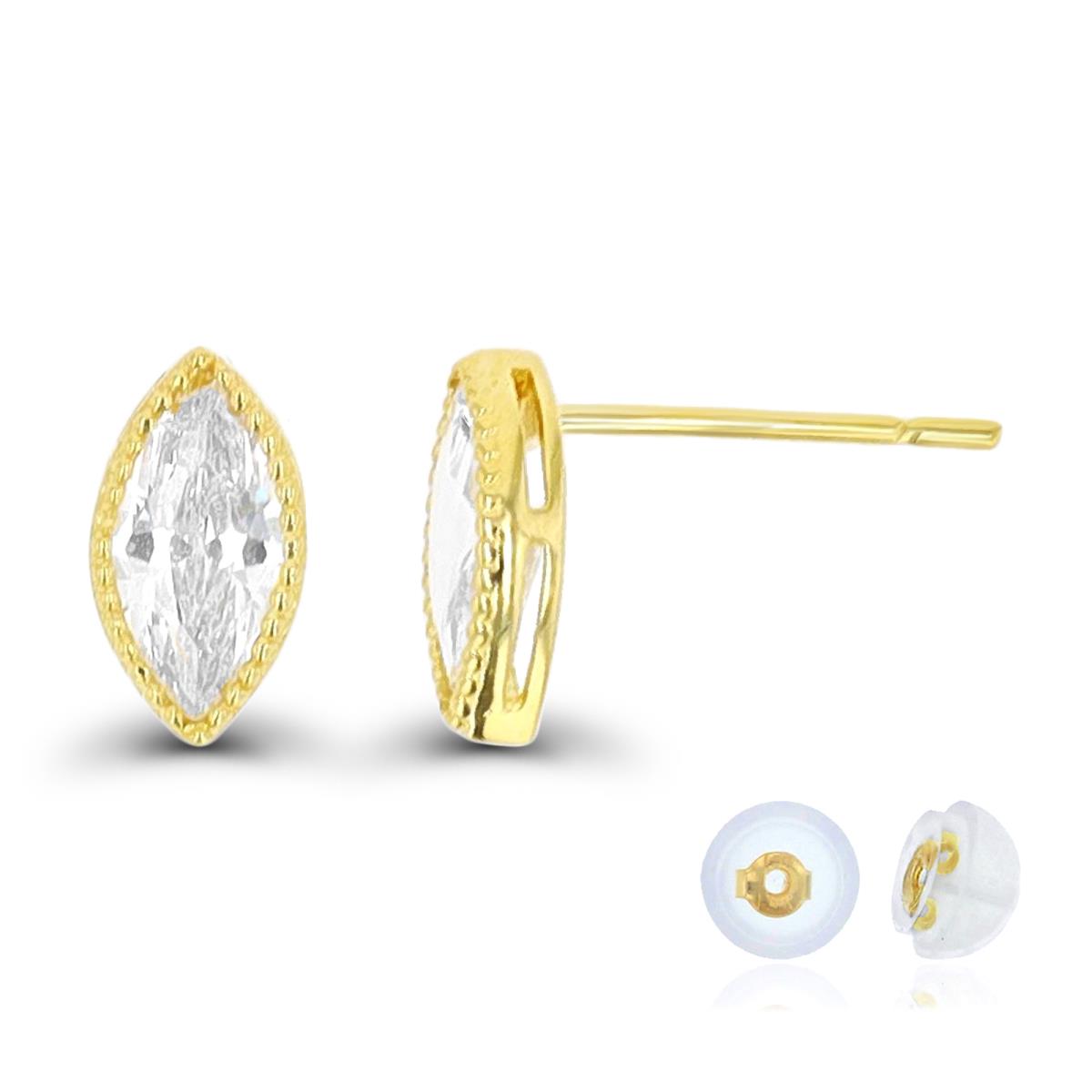 10K Yellow Gold Marquise White CZ Textured Bezel  8X4.5mm Stud Earring