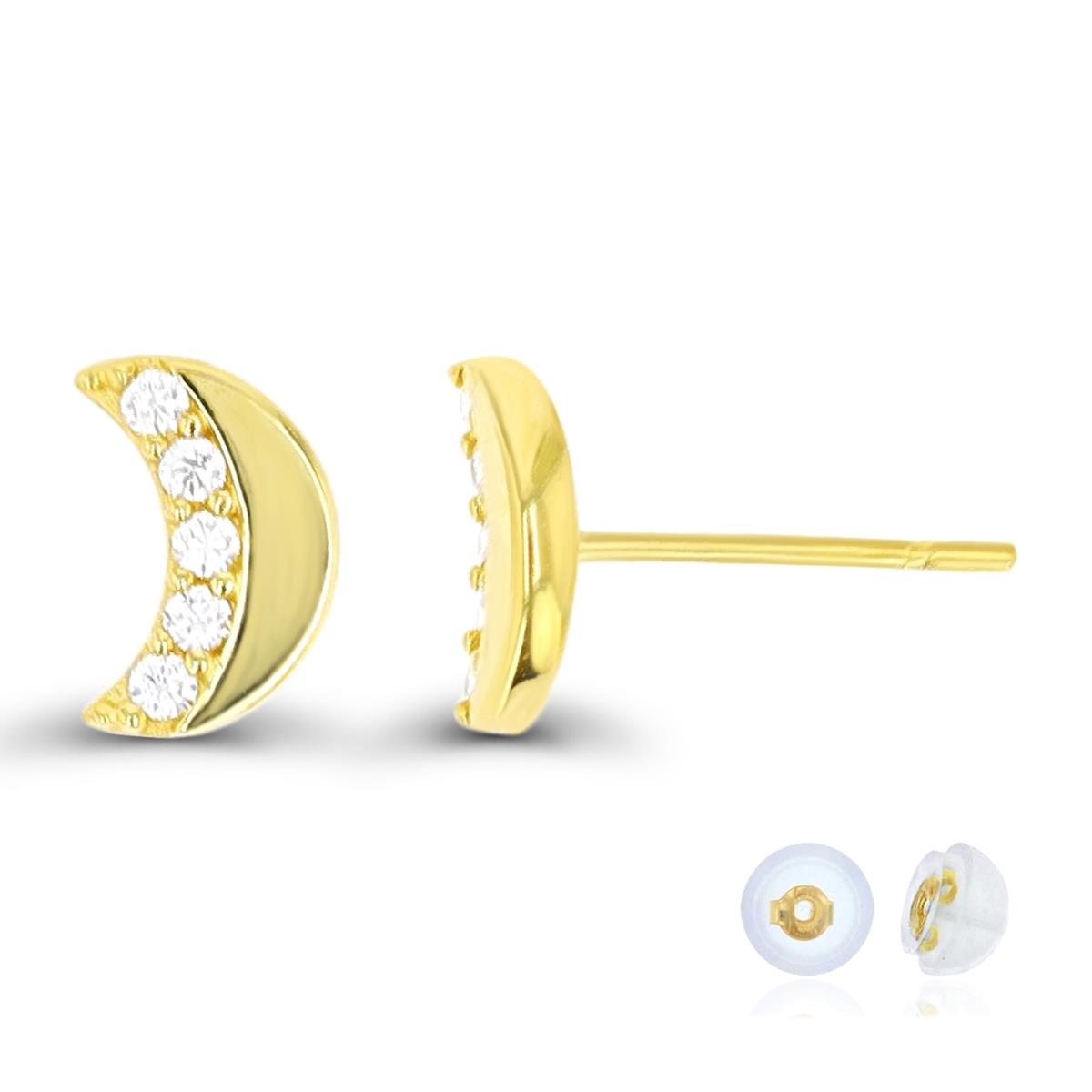14K Yellow Gold Moon & Star White CZ  7.5X3mm Stud Earring