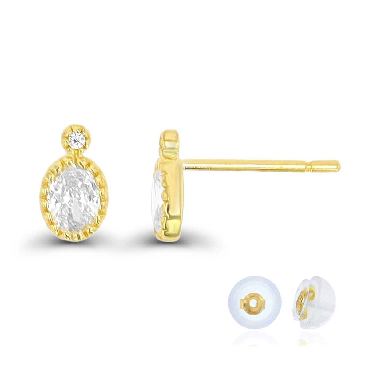 14K Yellow Gold Oval 4x3mm Textured Bezel White CZ 6.5X4 Stud Earring