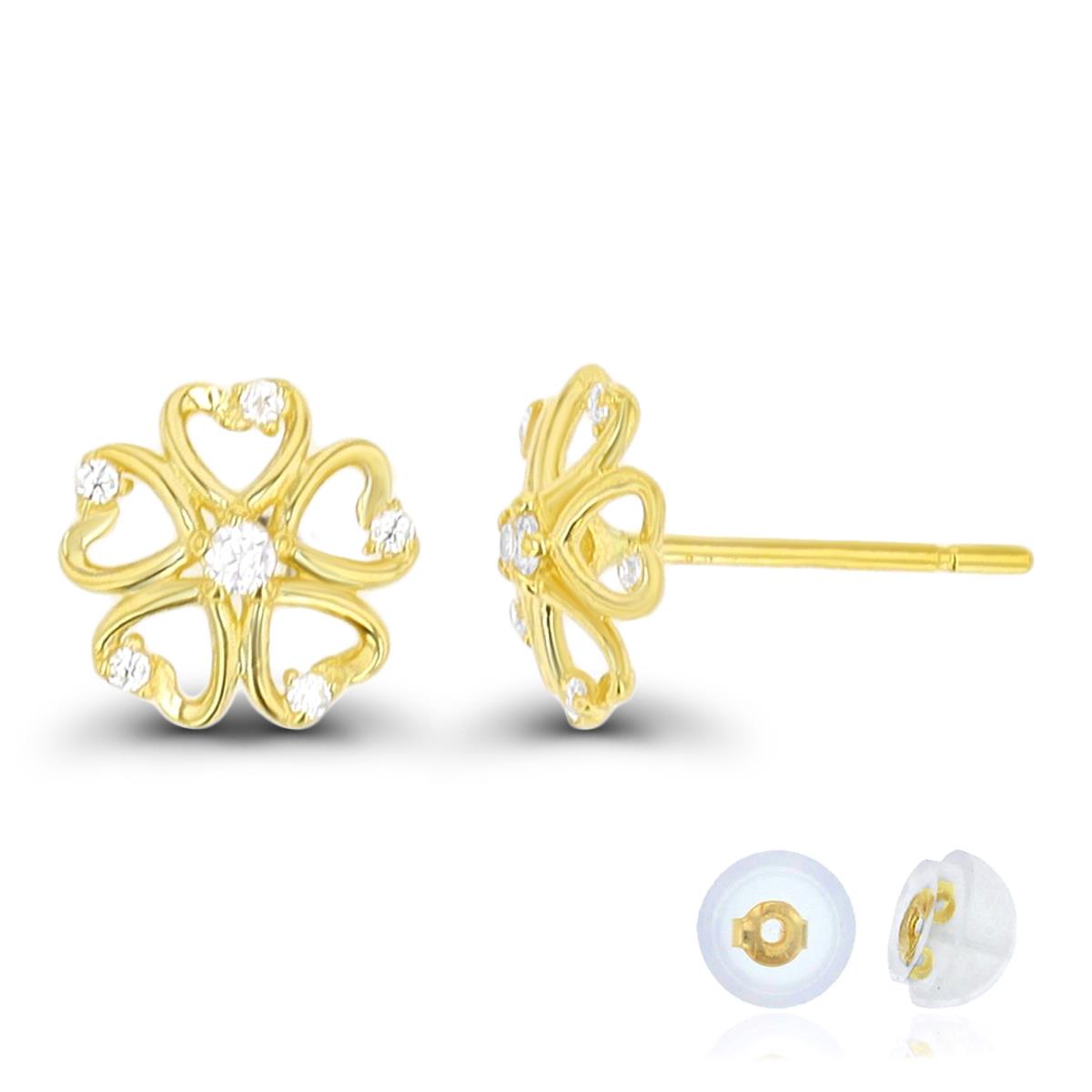 14K Yellow Gold Polished Heart Flower 6X6mm Stud Earring Silicone Back