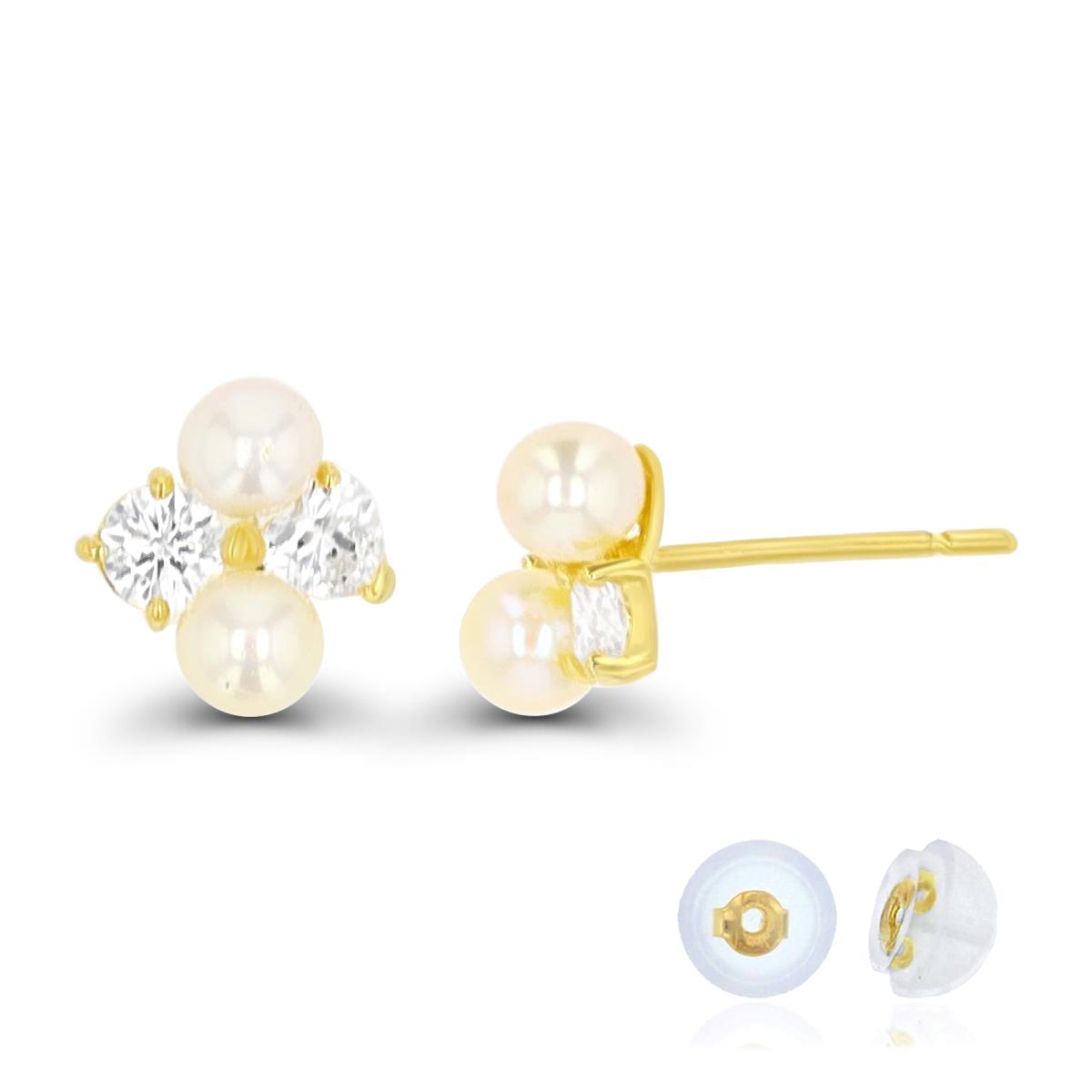 14K Yellow Gold Heart White CZ & Pearl 6X6mm Stud Earring Silicon Back
