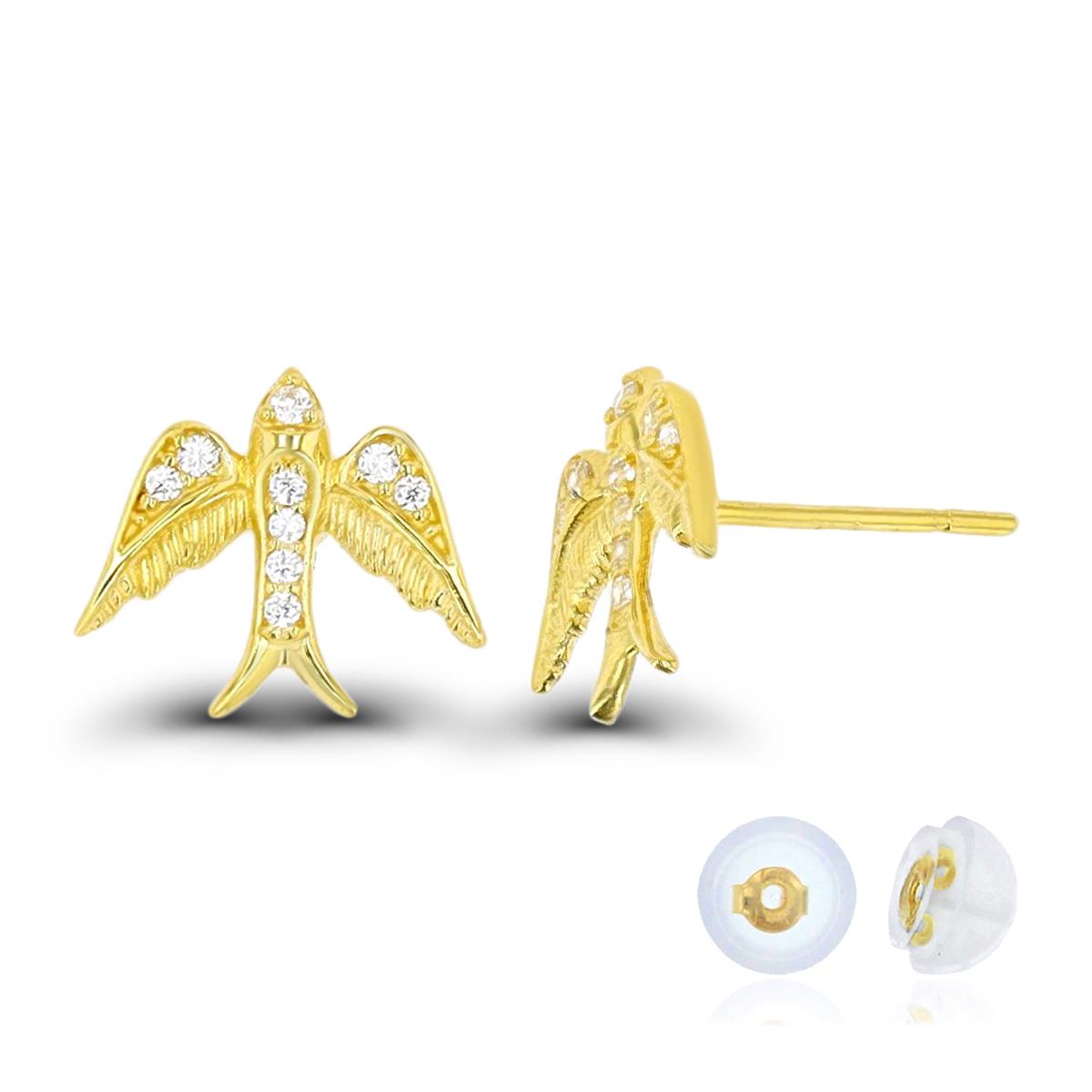 10 Yellow Gold Textured Bird 10X8mm Stud Earring Silicone Back