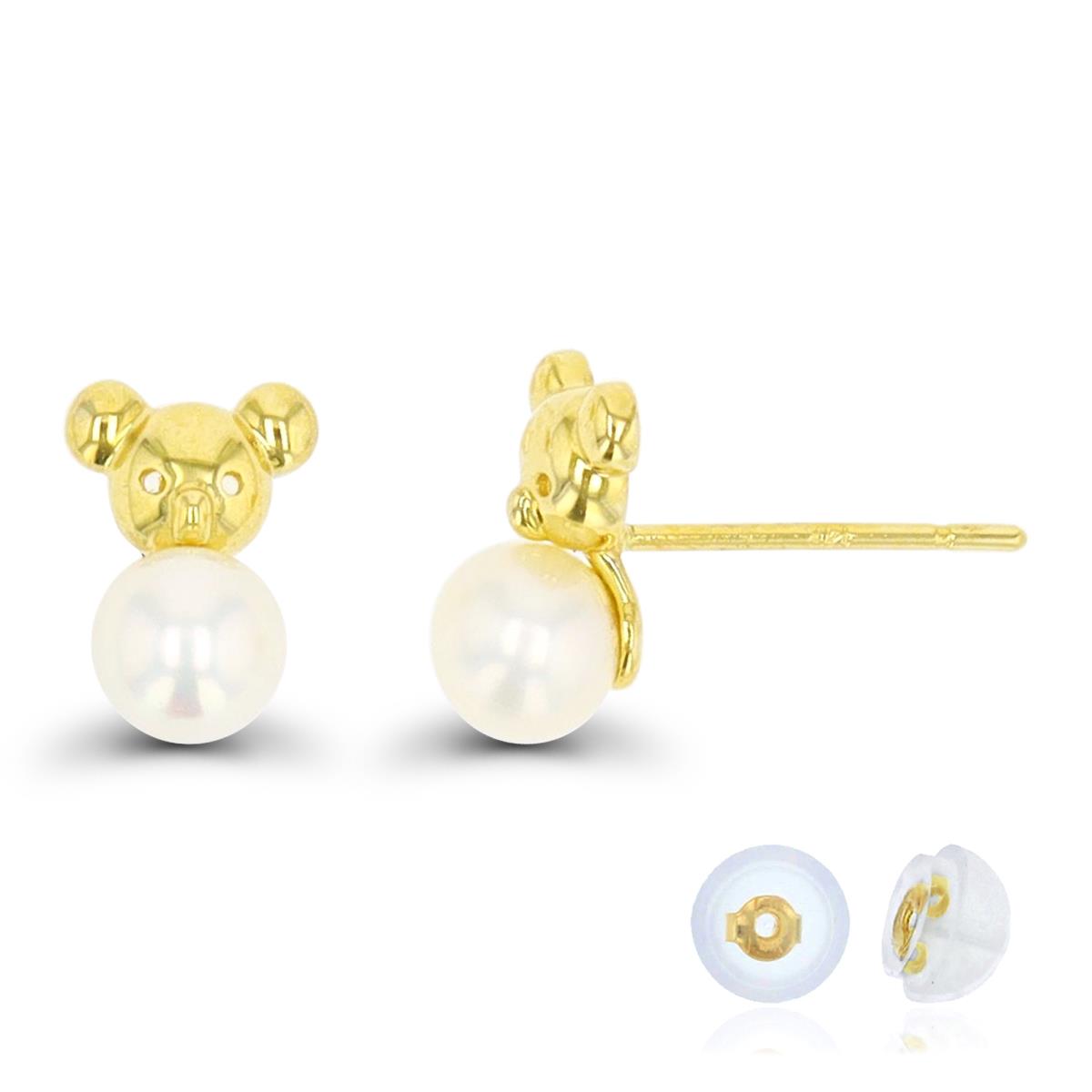 10K Yellow Gold 4mm RD Pearl & Polished Bear Stud Earring Silicone Back