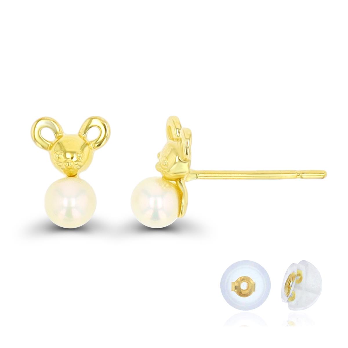14K Yellow Gold 3mm Pearl & Bear Stud Earring Silicone Back