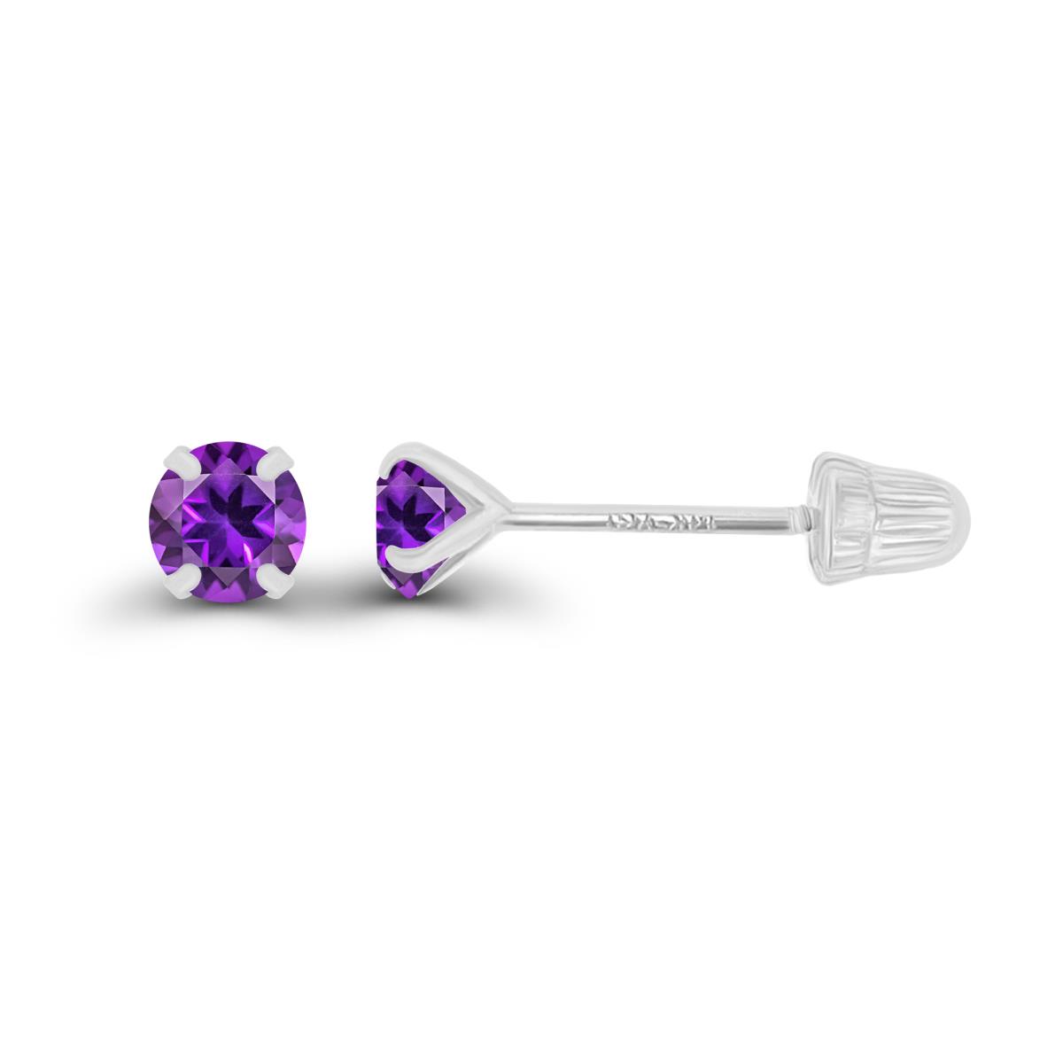 14K White Gold 3mm Round Amethyst Solitaire Ball Screw Back Stud Earring 