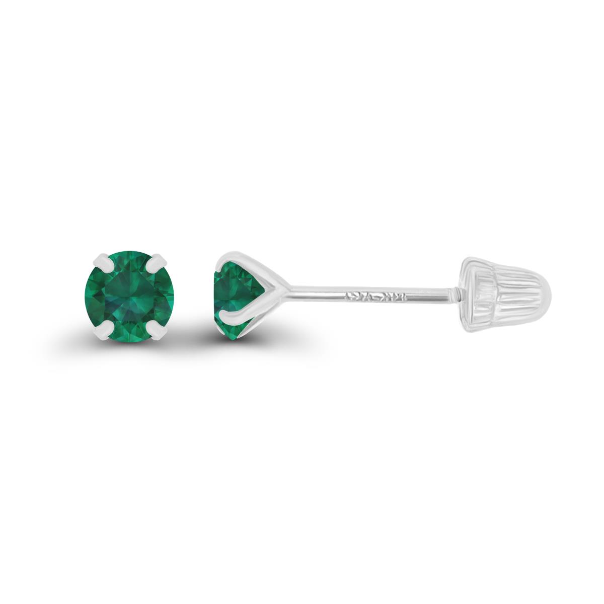 14K White Gold 3mm Round Created Emerald Solitaire Ball Screw Back Stud Earring 