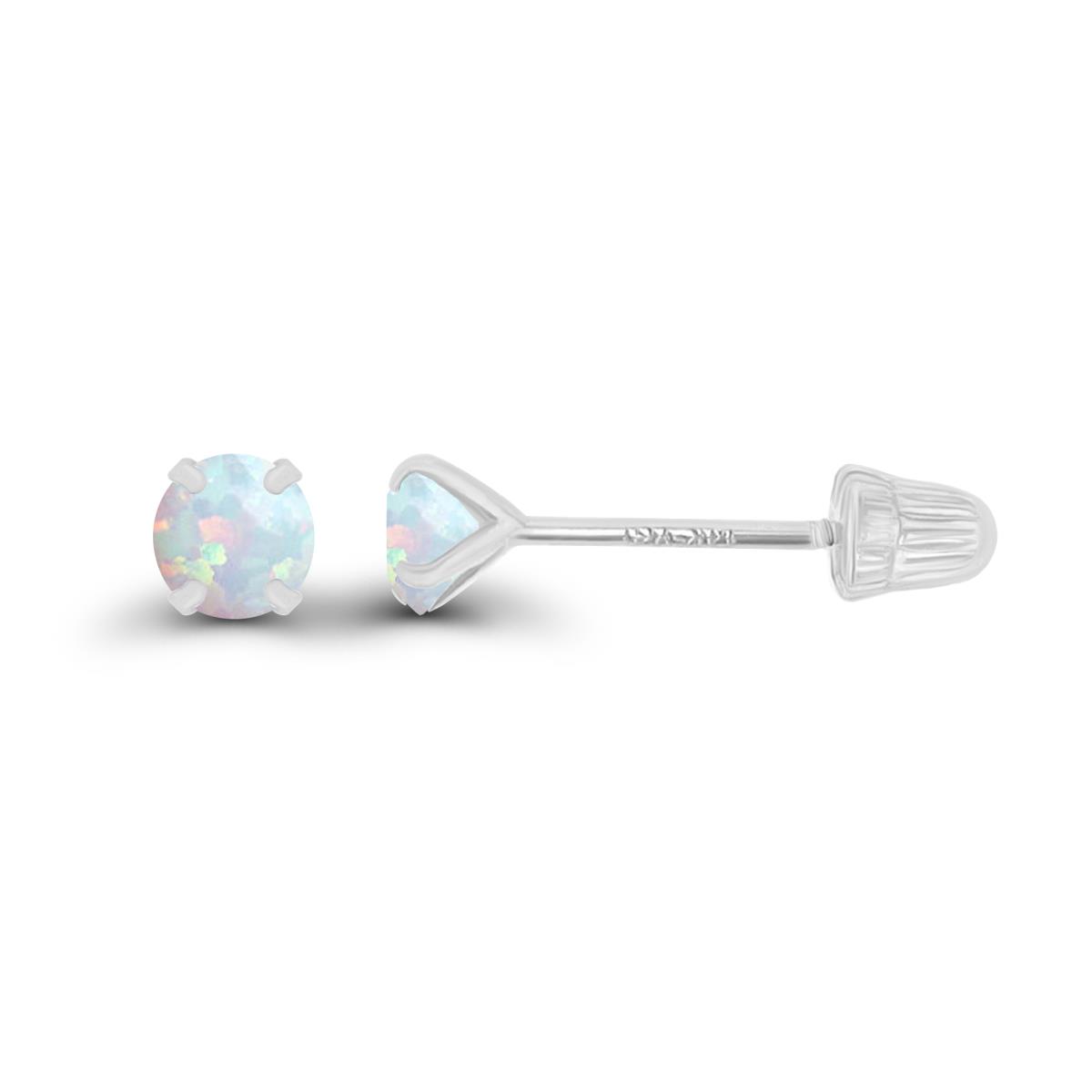 14K White Gold 3mm Round Created Opal Solitaire Ball Screw Back Stud Earring 