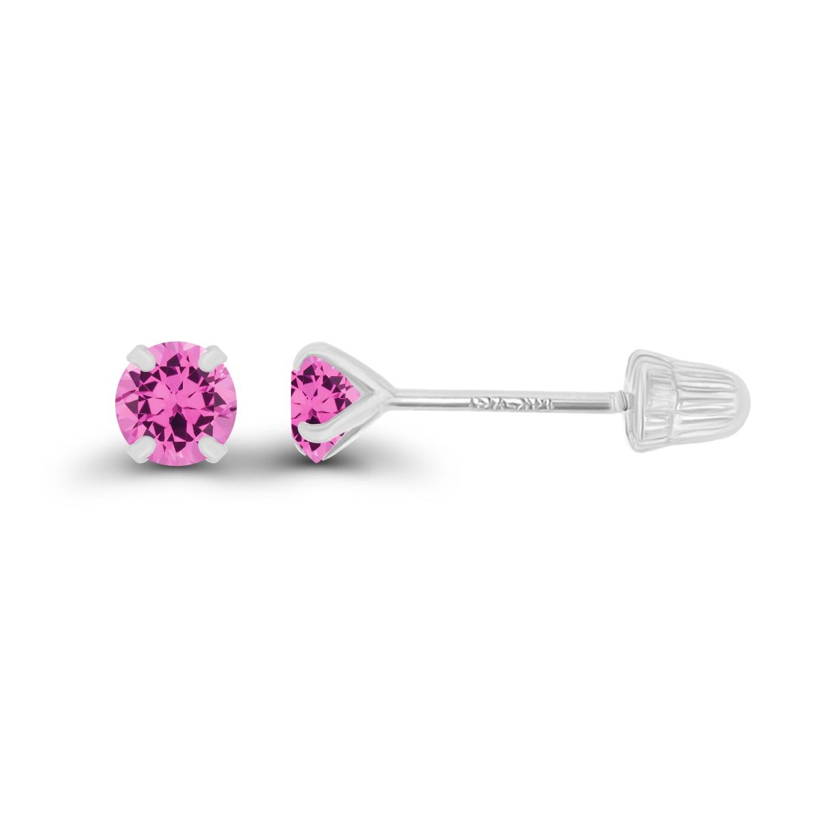14K White Gold 3mm Round Created Pink Sapphire Solitaire Ball Screw Back Stud Earring 