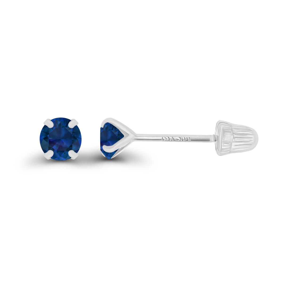 14K White Gold 3mm Round Created Blue Sapphire Solitaire Ball Screw Back Stud Earring 