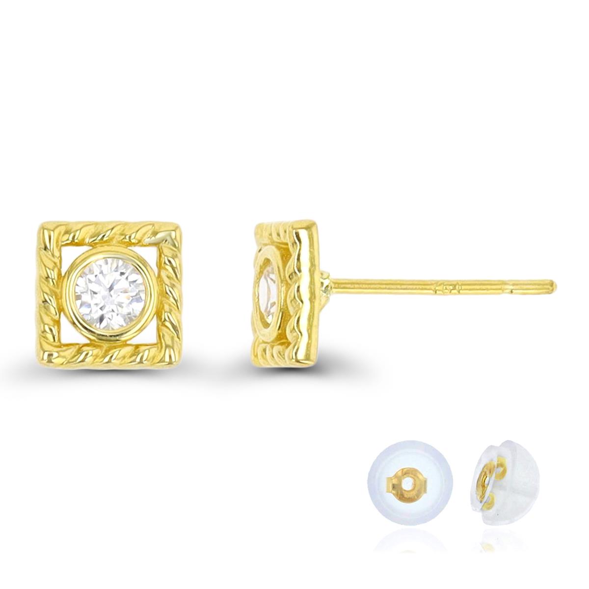 14K Yellow Gold Solitaire White CZ Rope 6X6mm Stud Earring Silicone Back