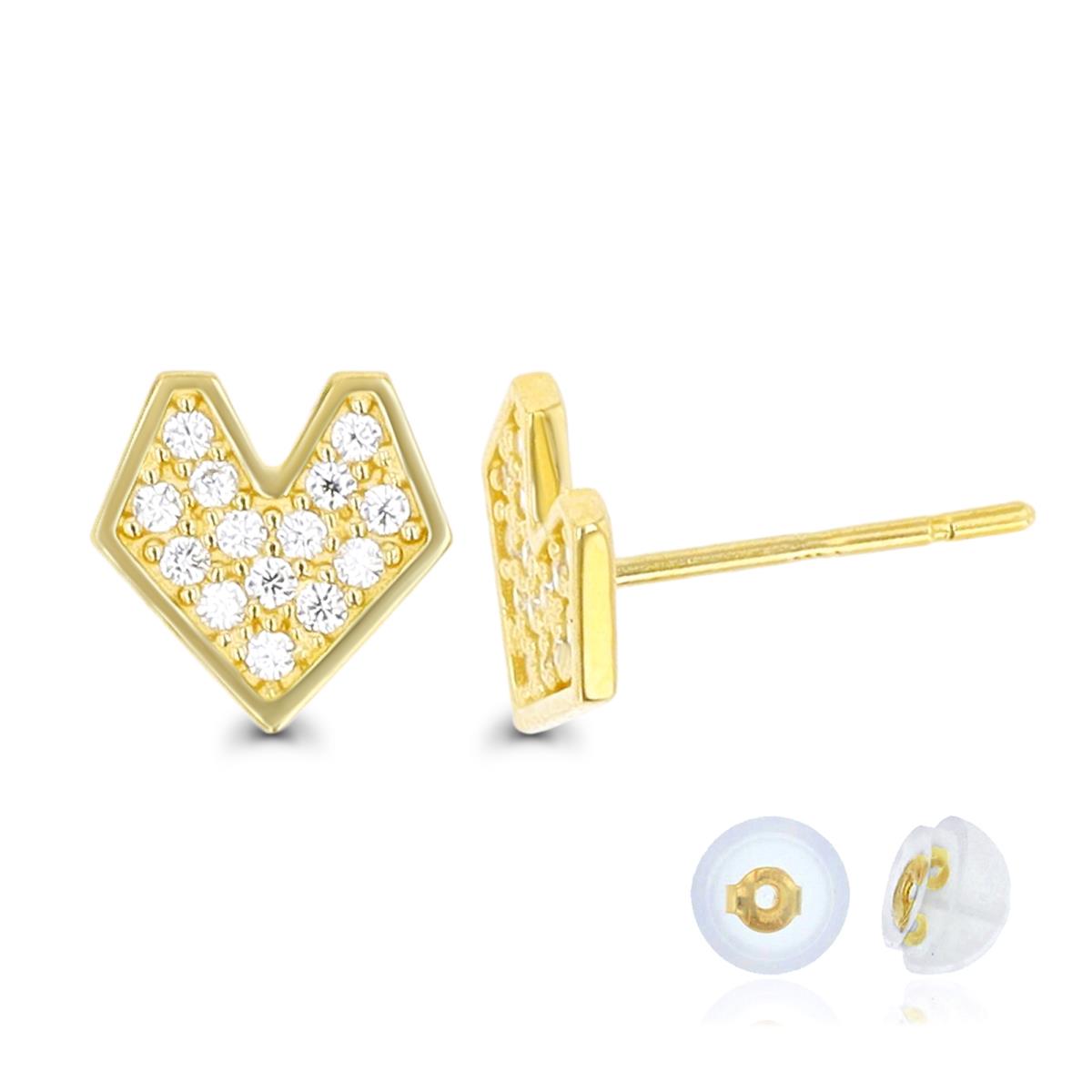 14K Yellow Gold Bezel Heart Pave White CZ 7.5X7mm Stud Earring Silicone Back