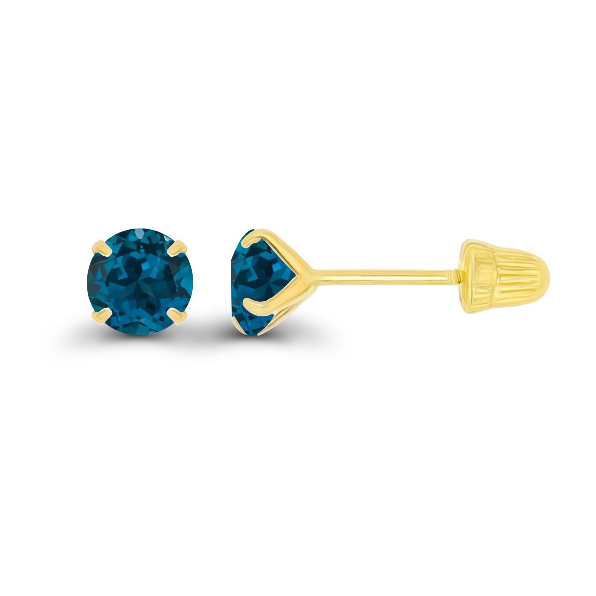14K Yellow Gold 4mm Round London Blue Topaz Solitaire Ball Screw Back Stud Earring 