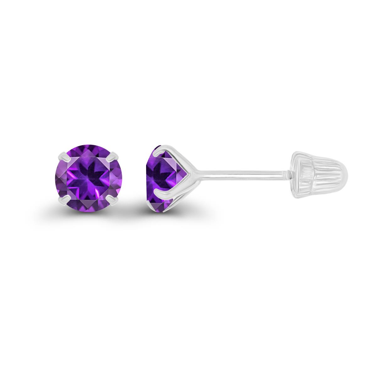 14K White Gold 4mm Round Amethyst Solitaire Ball Screw Back Stud Earring 