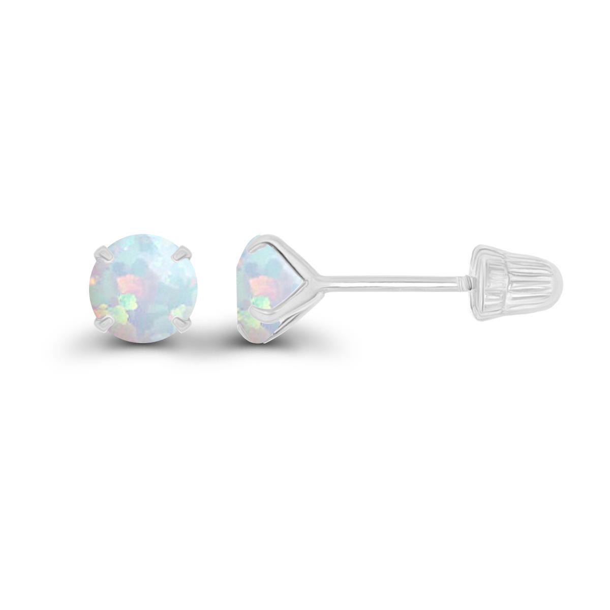 14K White Gold 4mm RD Created Opal Solitaire Ball Screw Back Stud Earrings 