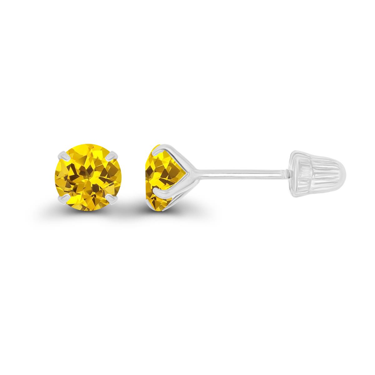 14K White Gold 4mm Round Created Yellow Sapphire Solitaire Ball Screw Back Stud Earring 