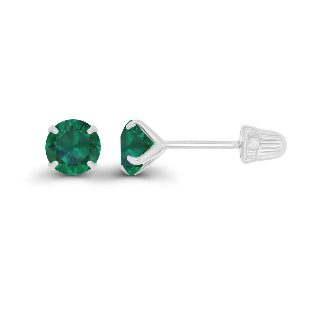 14K White Gold 4mm Round Created Emerald Solitaire Ball Screw Back Stud Earring 