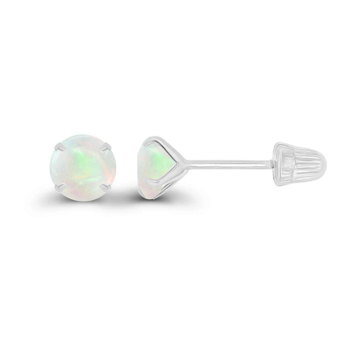 14K White Gold 4mm Round Opal Solitaire Ball Screw Back Stud Earring 