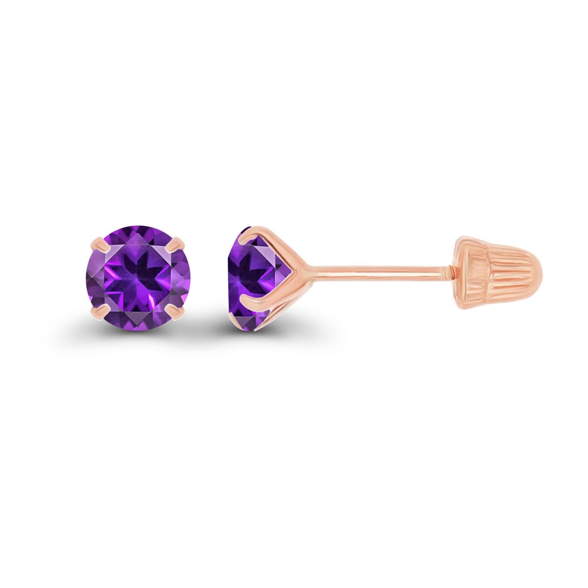 14K Rose Gold 4mm Round Amethyst Solitaire Ball Screw Back Stud Earring 